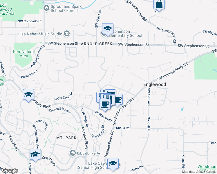 map of restaurants, bars, coffee shops, grocery stores, and more near 12503 Southwest Shelby Court in Lake Oswego