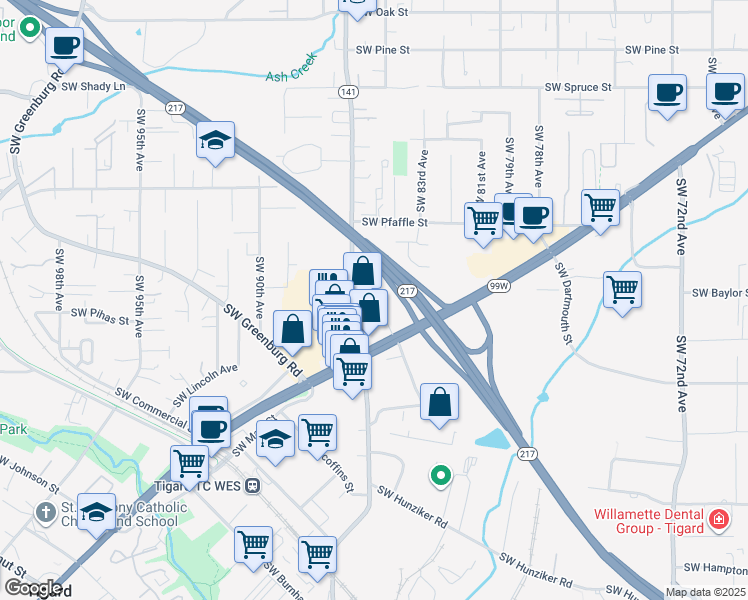 map of restaurants, bars, coffee shops, grocery stores, and more near 17710 Southwest Warner Avenue in Tigard