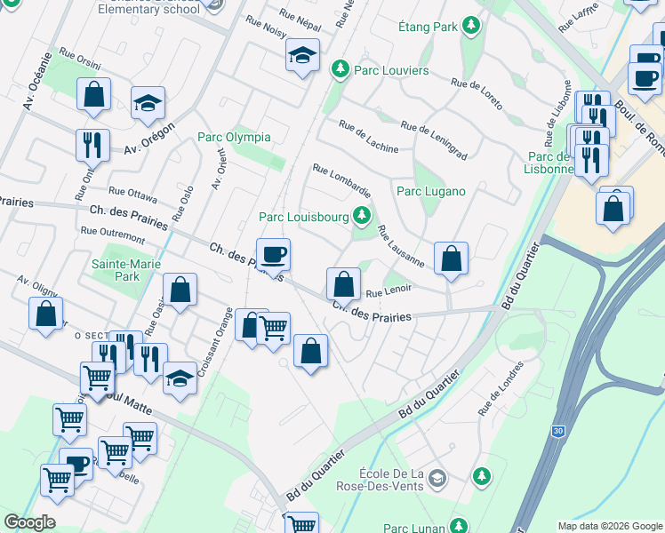 map of restaurants, bars, coffee shops, grocery stores, and more near 8140 Rue Louisbourg in Brossard
