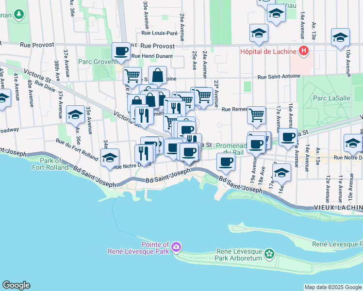 map of restaurants, bars, coffee shops, grocery stores, and more near 2825 Rue Victoria in Montréal