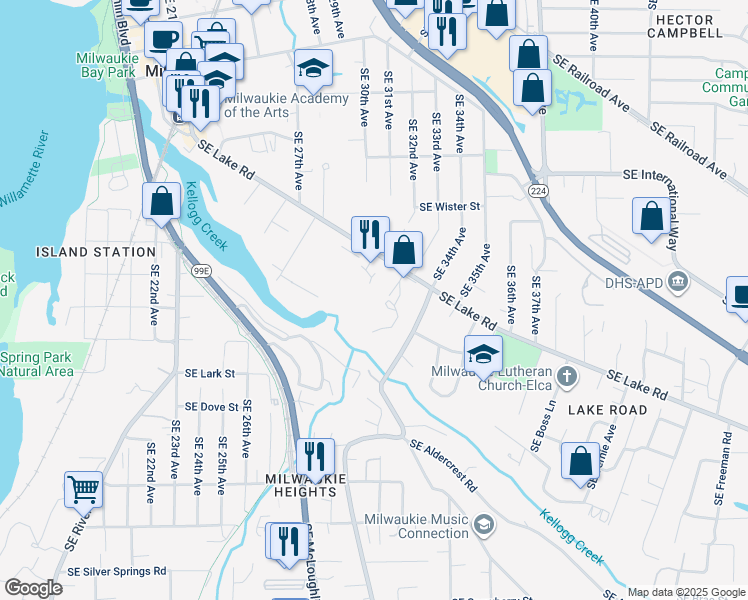 map of restaurants, bars, coffee shops, grocery stores, and more near 12222 Southeast 33rd Place in Milwaukie