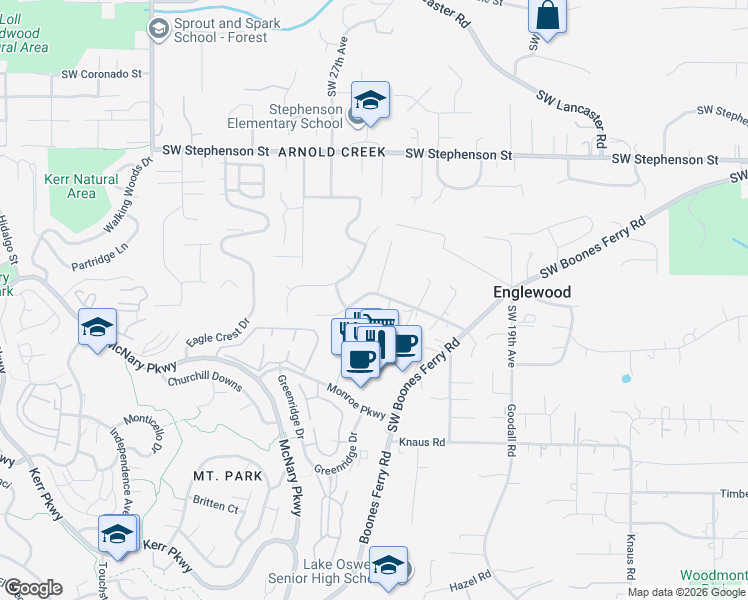 map of restaurants, bars, coffee shops, grocery stores, and more near 12503 Southwest Shelby Court in Lake Oswego