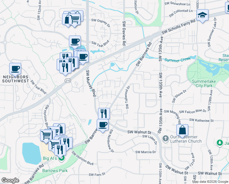 map of restaurants, bars, coffee shops, grocery stores, and more near 14098 Southwest Springbrook Lane in Tigard
