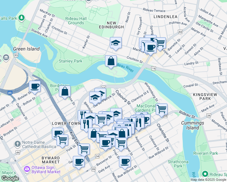 map of restaurants, bars, coffee shops, grocery stores, and more near in Ottawa