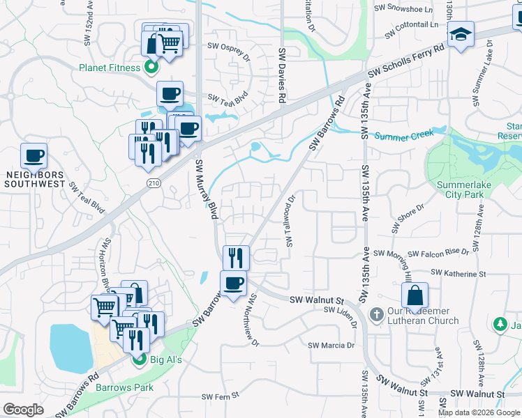 map of restaurants, bars, coffee shops, grocery stores, and more near 14098 Southwest Springbrook Lane in Tigard