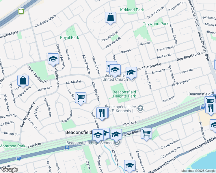map of restaurants, bars, coffee shops, grocery stores, and more near 223 Westcroft Road in Beaconsfield