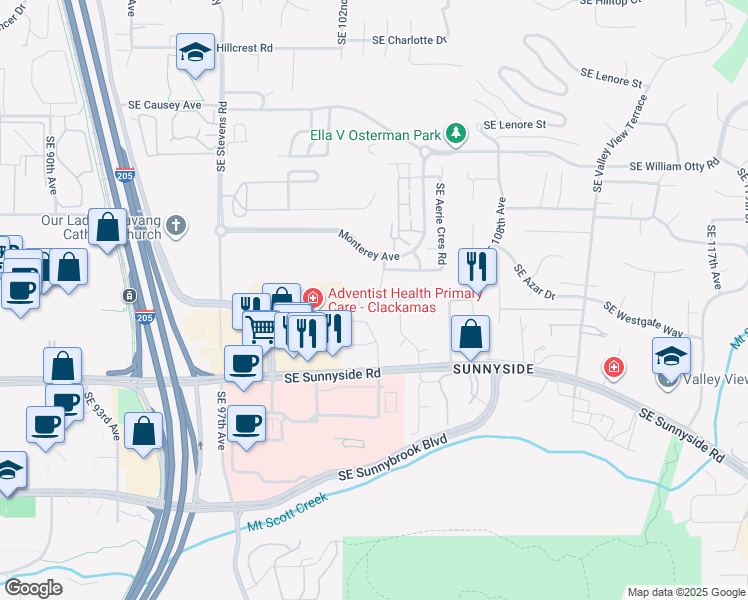 map of restaurants, bars, coffee shops, grocery stores, and more near 12208 Southeast 104th Court in Happy Valley