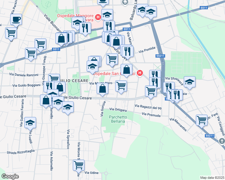map of restaurants, bars, coffee shops, grocery stores, and more near 134 Viale Giulio Cesare in Novara