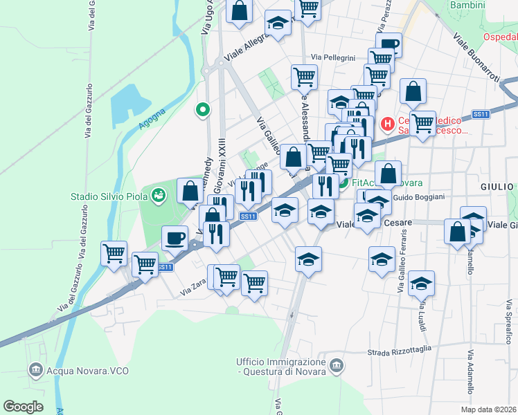 map of restaurants, bars, coffee shops, grocery stores, and more near 16 Via Fiume in Novara