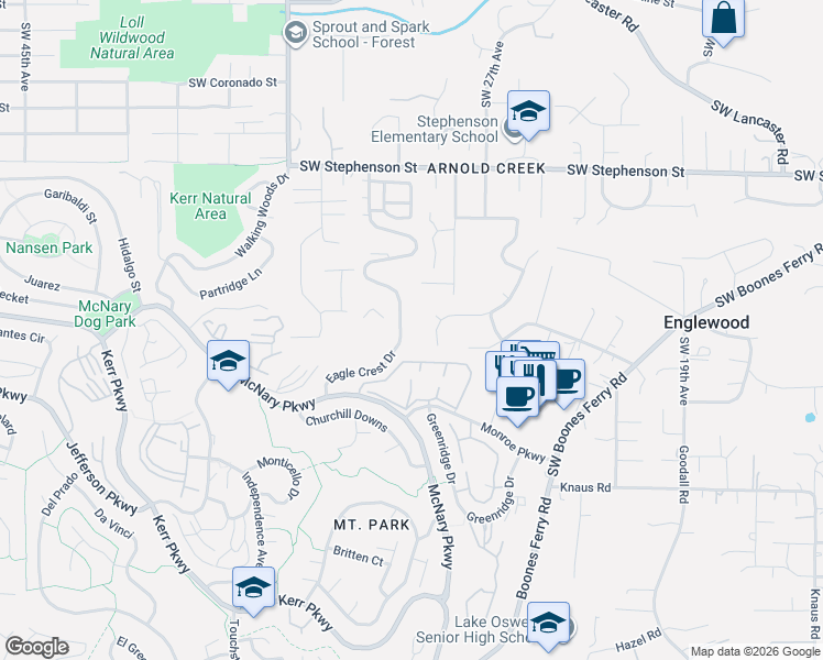 map of restaurants, bars, coffee shops, grocery stores, and more near 44 Eagle Crest Drive in Lake Oswego