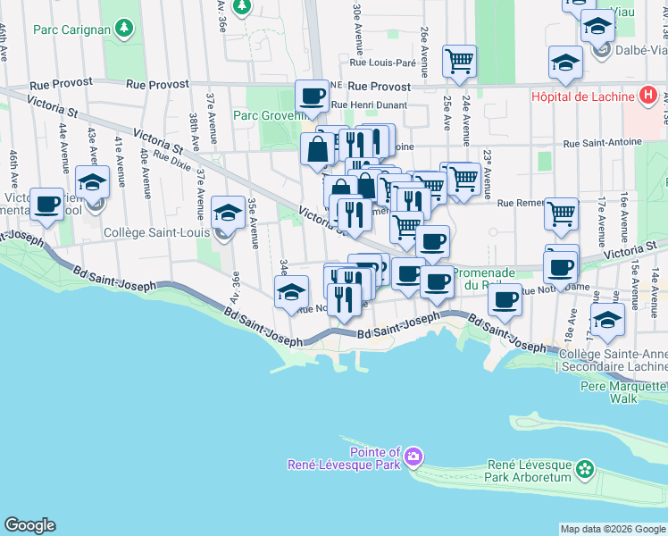 map of restaurants, bars, coffee shops, grocery stores, and more near 282 32e Avenue in Montréal