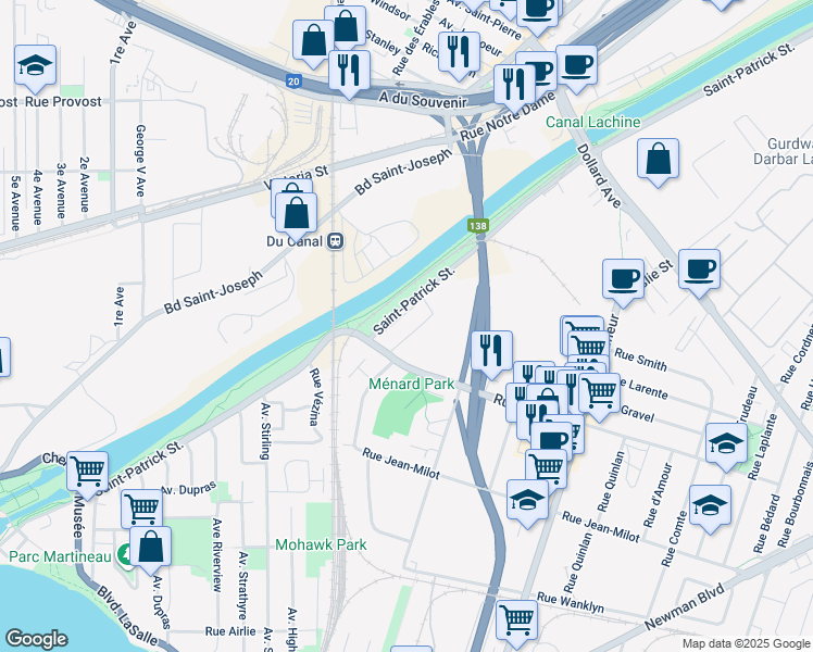 map of restaurants, bars, coffee shops, grocery stores, and more near 9600-9626 Rue Saint-Patrick in Montréal