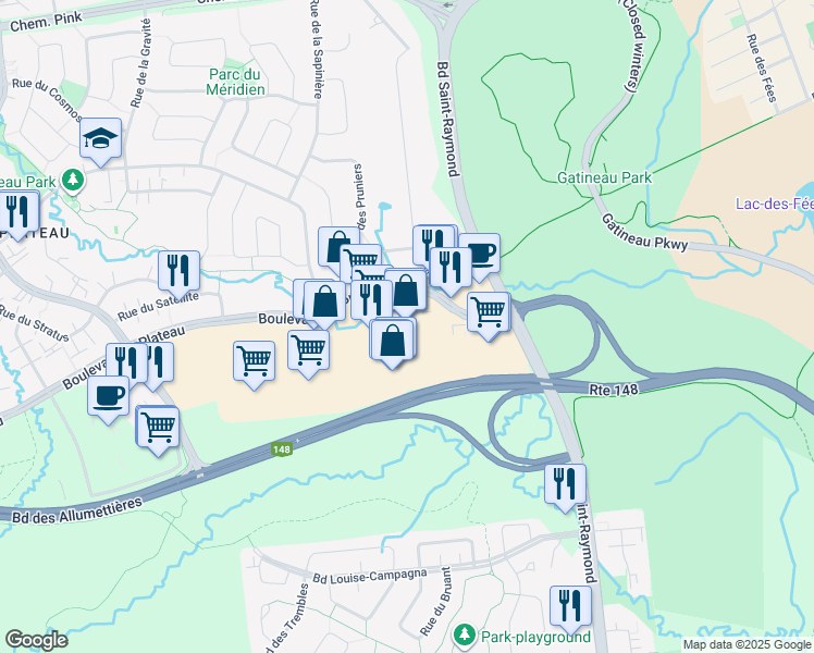 map of restaurants, bars, coffee shops, grocery stores, and more near 25 Boulevard du Plateau in Gatineau