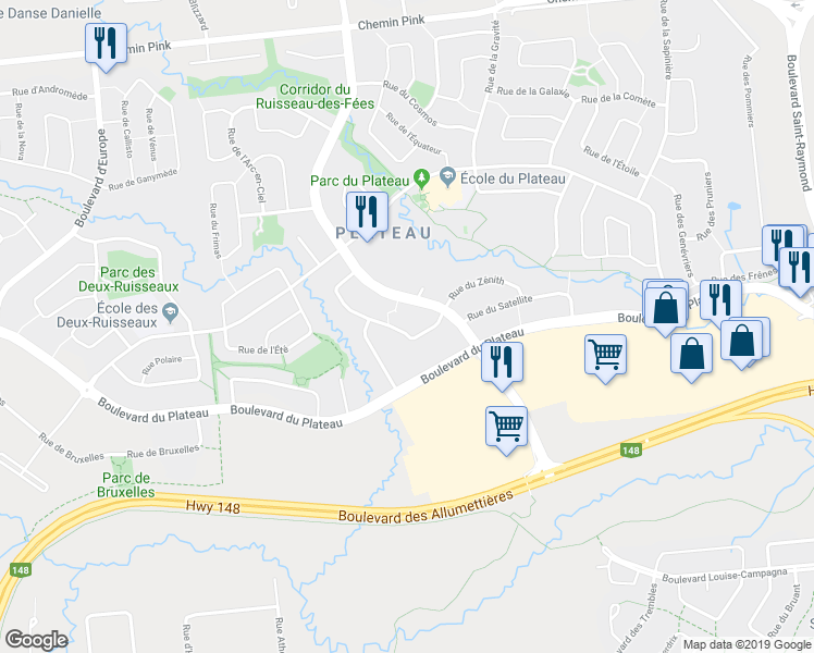 map of restaurants, bars, coffee shops, grocery stores, and more near 65 Rue du Stratus in Gatineau
