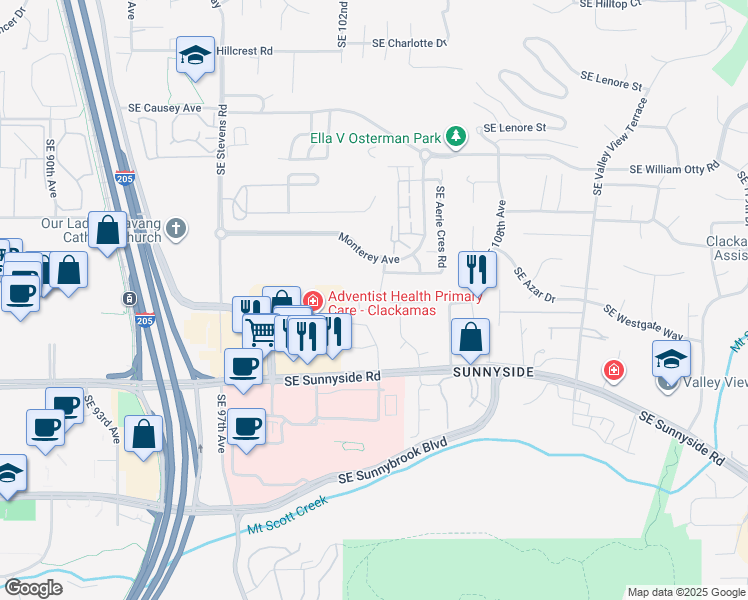 map of restaurants, bars, coffee shops, grocery stores, and more near 12101 Southeast High Creek Road in Happy Valley