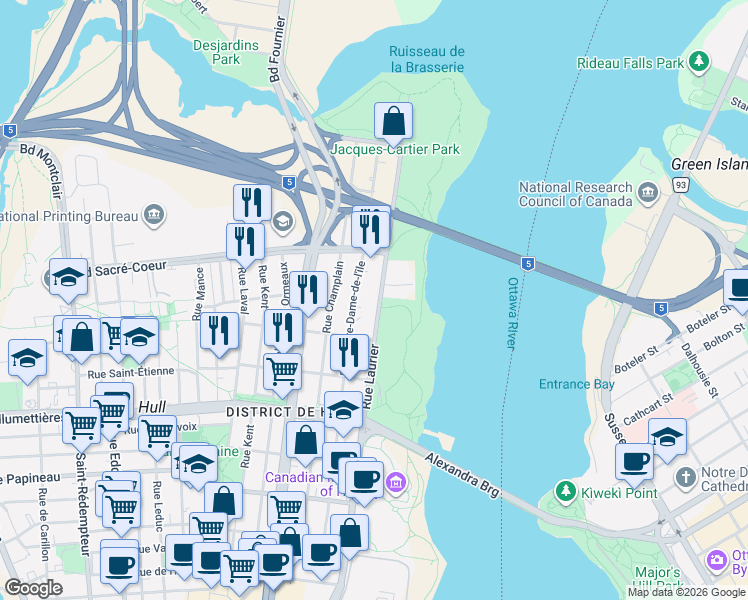 map of restaurants, bars, coffee shops, grocery stores, and more near 185 Rue Laurier in Gatineau