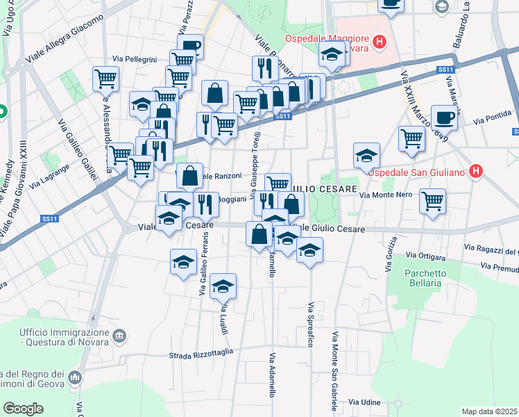 map of restaurants, bars, coffee shops, grocery stores, and more near 29 Via Giuseppe Torelli in Novara