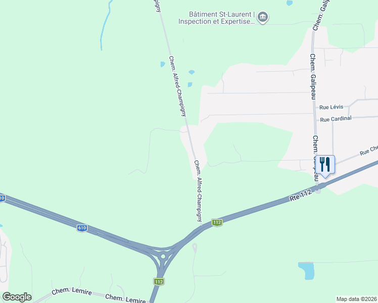 map of restaurants, bars, coffee shops, grocery stores, and more near 2125 Chemin Alfred-Champigny in Sherbrooke
