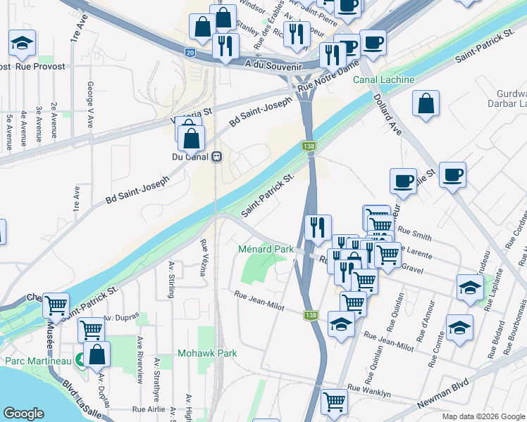 map of restaurants, bars, coffee shops, grocery stores, and more near 9600-9626 Rue Saint-Patrick in Montréal