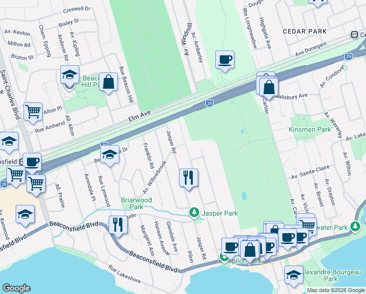 map of restaurants, bars, coffee shops, grocery stores, and more near 136 Avenue de la Pointe Claire in Pointe-Claire