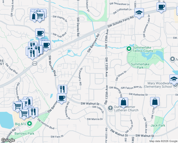 map of restaurants, bars, coffee shops, grocery stores, and more near 13821 Southwest Ashbury Lane in Tigard