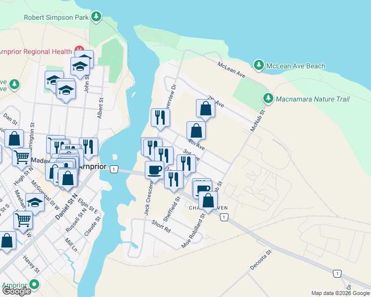 map of restaurants, bars, coffee shops, grocery stores, and more near 108 3rd Avenue in Arnprior