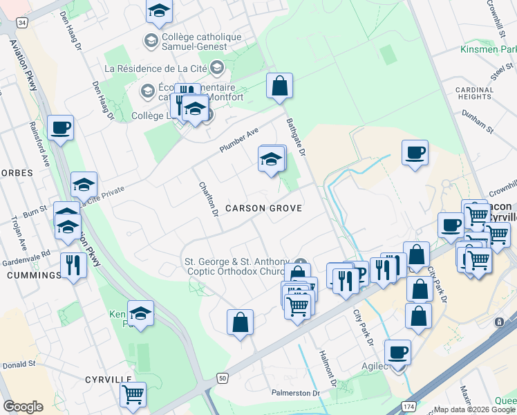 map of restaurants, bars, coffee shops, grocery stores, and more near in Ottawa