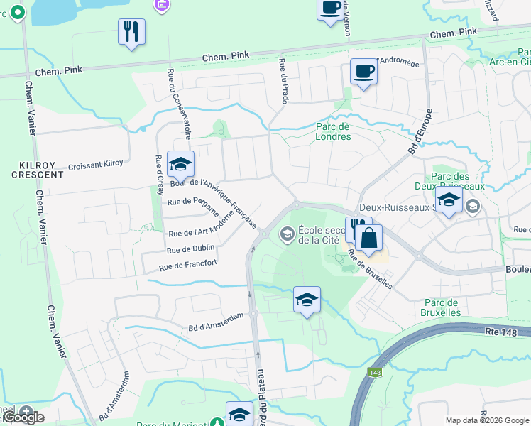 map of restaurants, bars, coffee shops, grocery stores, and more near 205 Rue de Dublin in Gatineau