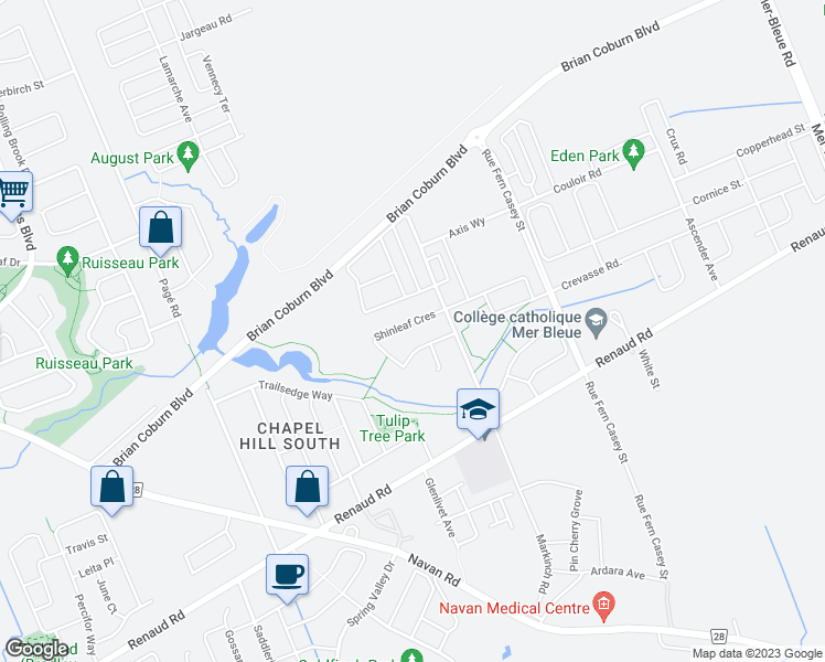 map of restaurants, bars, coffee shops, grocery stores, and more near 260 Shinleaf Crescent in Ottawa