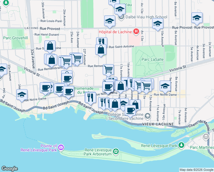 map of restaurants, bars, coffee shops, grocery stores, and more near 1930 Victoria Street in Montreal