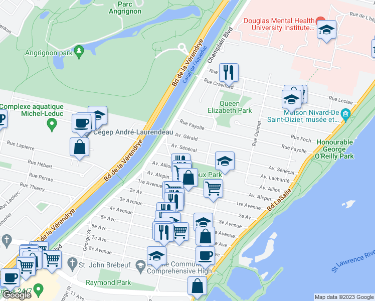 map of restaurants, bars, coffee shops, grocery stores, and more near 598 Avenue Sénécal in Montréal