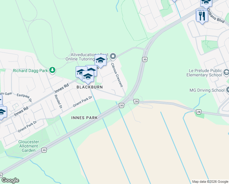map of restaurants, bars, coffee shops, grocery stores, and more near 2501 Cléroux Crescent in Ottawa