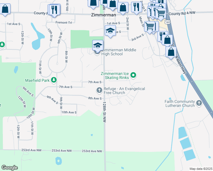 map of restaurants, bars, coffee shops, grocery stores, and more near 25660 3rd Street West in Zimmerman