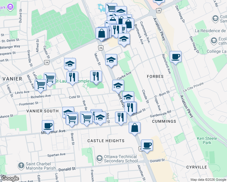 map of restaurants, bars, coffee shops, grocery stores, and more near 555 Coté Street in Ottawa