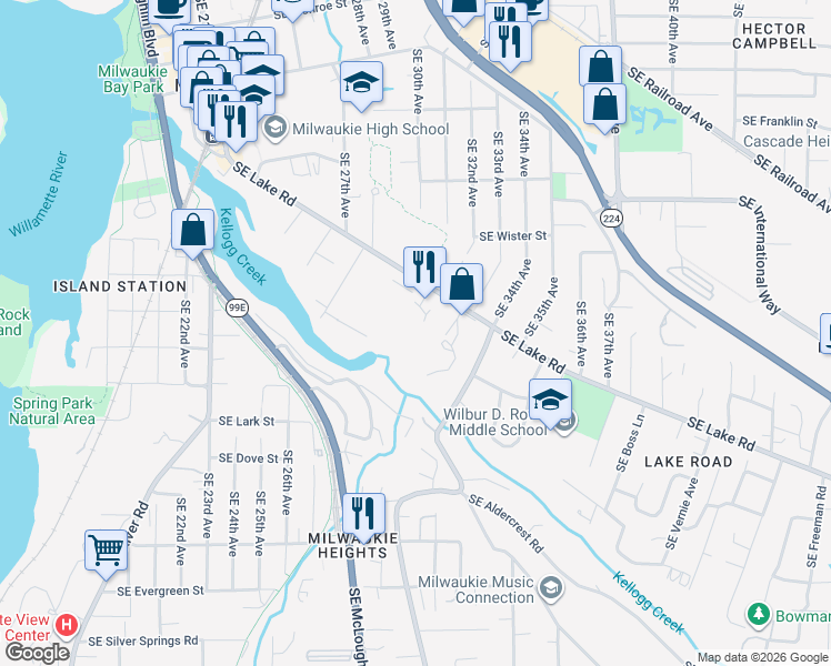 map of restaurants, bars, coffee shops, grocery stores, and more near 3150 Southeast Lake Road in Milwaukie