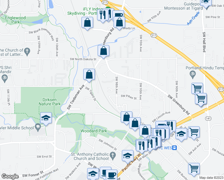 map of restaurants, bars, coffee shops, grocery stores, and more near 11491 Southwest 98th Avenue in Portland