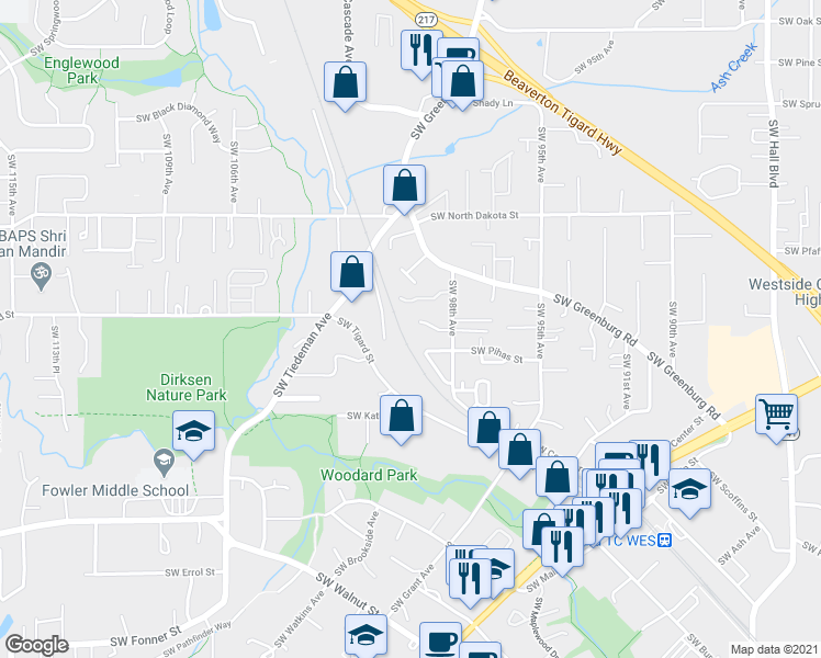 map of restaurants, bars, coffee shops, grocery stores, and more near 9957 Southwest Scott Court in Portland