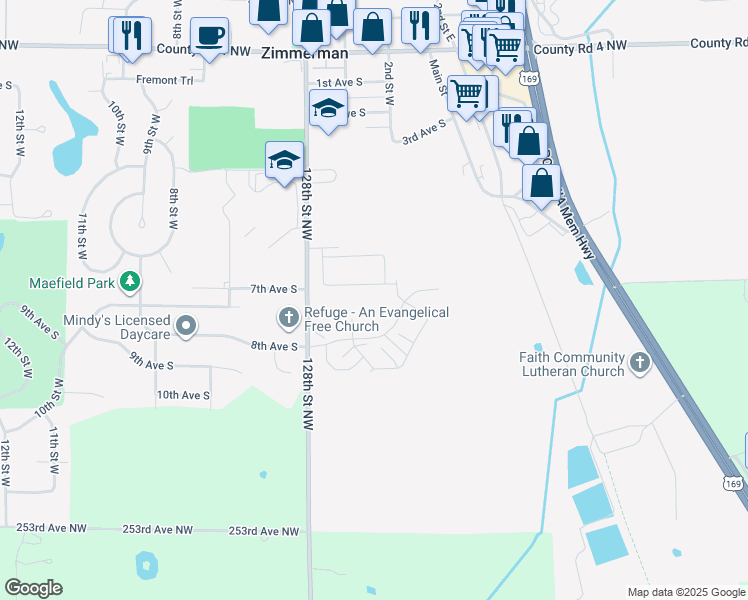 map of restaurants, bars, coffee shops, grocery stores, and more near 25728 2nd Street West in Zimmerman