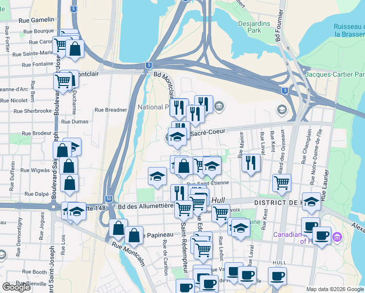 map of restaurants, bars, coffee shops, grocery stores, and more near 264 Rue Saint-Rédempteur in Gatineau
