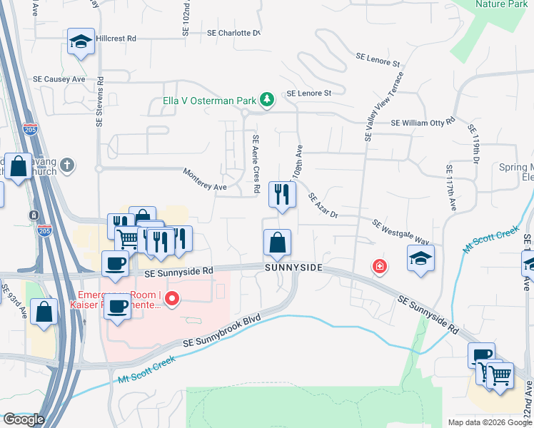 map of restaurants, bars, coffee shops, grocery stores, and more near 12157 Southeast 106th Avenue in Happy Valley