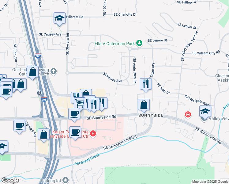 map of restaurants, bars, coffee shops, grocery stores, and more near 12101 Southeast High Creek Road in Happy Valley