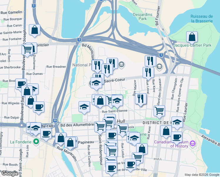 map of restaurants, bars, coffee shops, grocery stores, and more near 77 Rue Saint-Henri in Gatineau