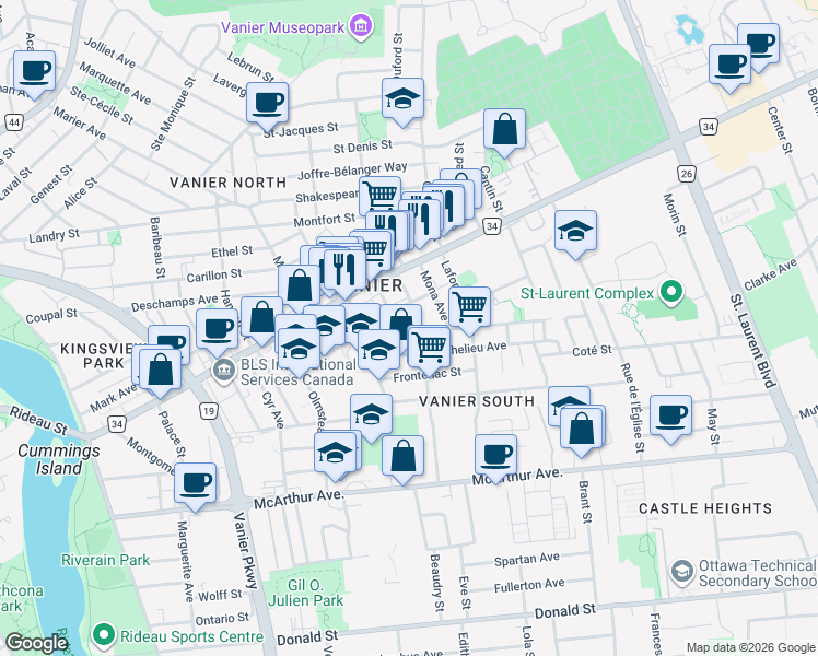 map of restaurants, bars, coffee shops, grocery stores, and more near 301 Lévis Avenue in Ottawa