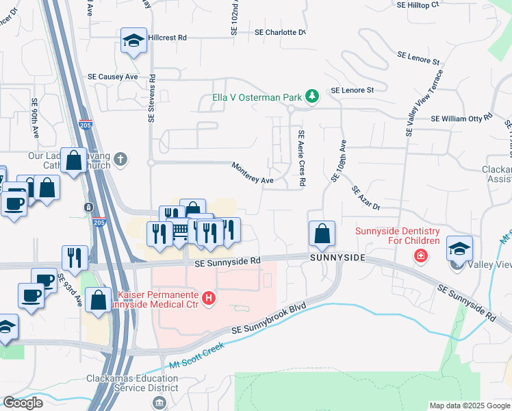 map of restaurants, bars, coffee shops, grocery stores, and more near 12101 Southeast High Creek Road in Happy Valley
