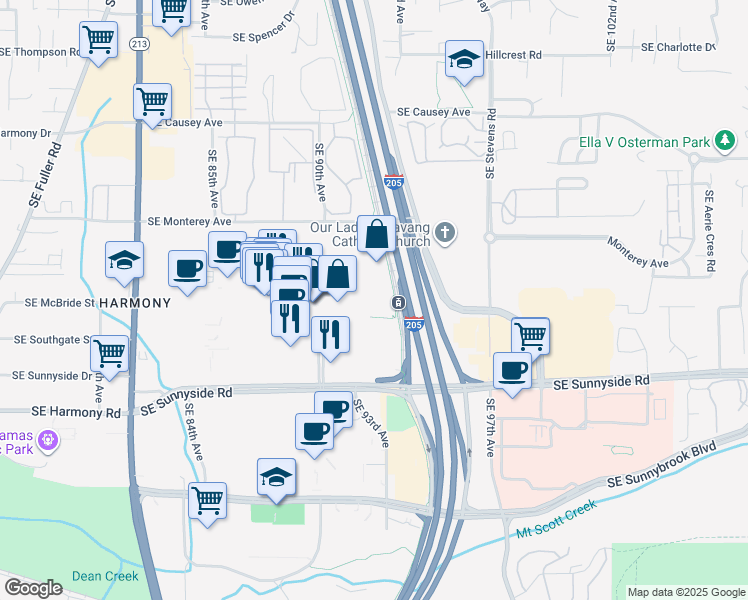 map of restaurants, bars, coffee shops, grocery stores, and more near 9225 SE Sunnyside Rd in Clackamas