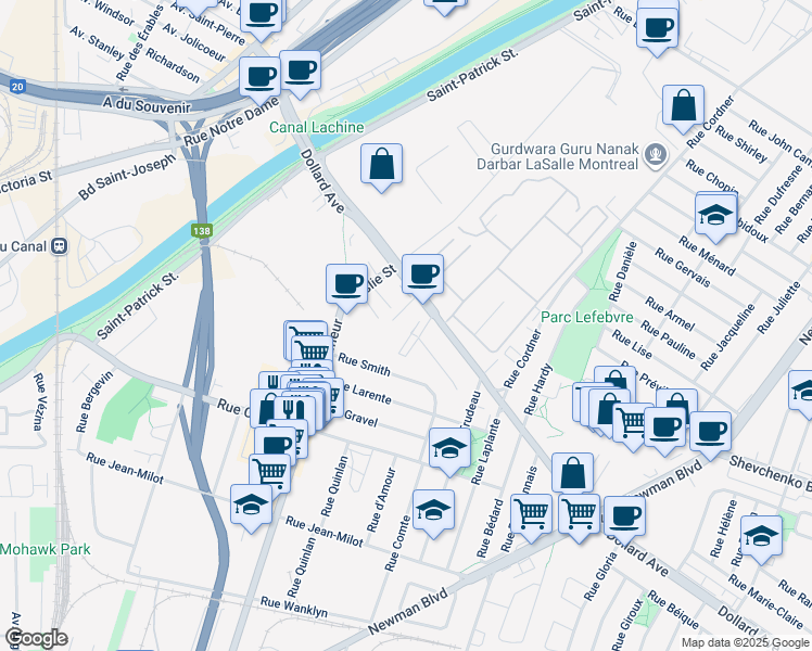 map of restaurants, bars, coffee shops, grocery stores, and more near in Montreal
