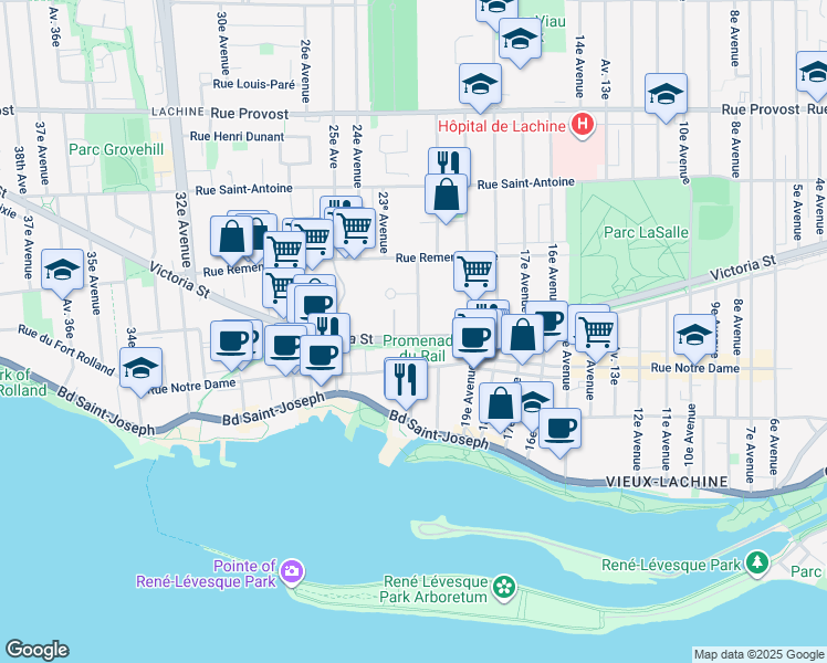 map of restaurants, bars, coffee shops, grocery stores, and more near 427 21e Avenue in Montréal