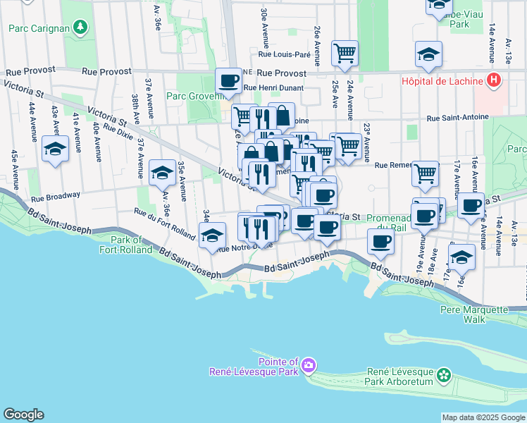 map of restaurants, bars, coffee shops, grocery stores, and more near in Montreal