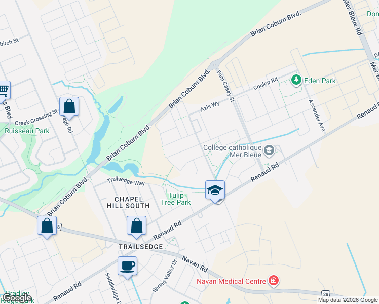 map of restaurants, bars, coffee shops, grocery stores, and more near 266 Shinleaf Crescent in Ottawa