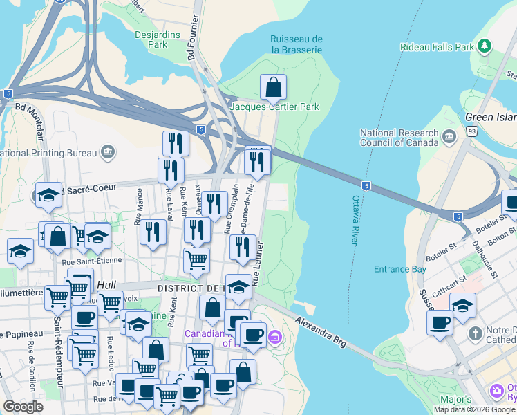 map of restaurants, bars, coffee shops, grocery stores, and more near 199 Rue Laurier in Gatineau